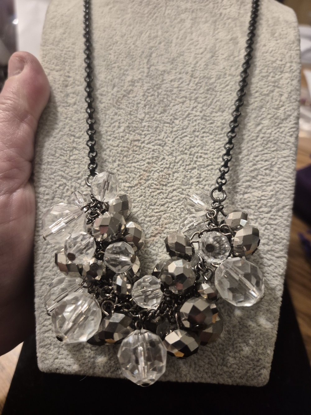 Clear Crystal and Gunmetal Cluster Necklace - Women Jewelry